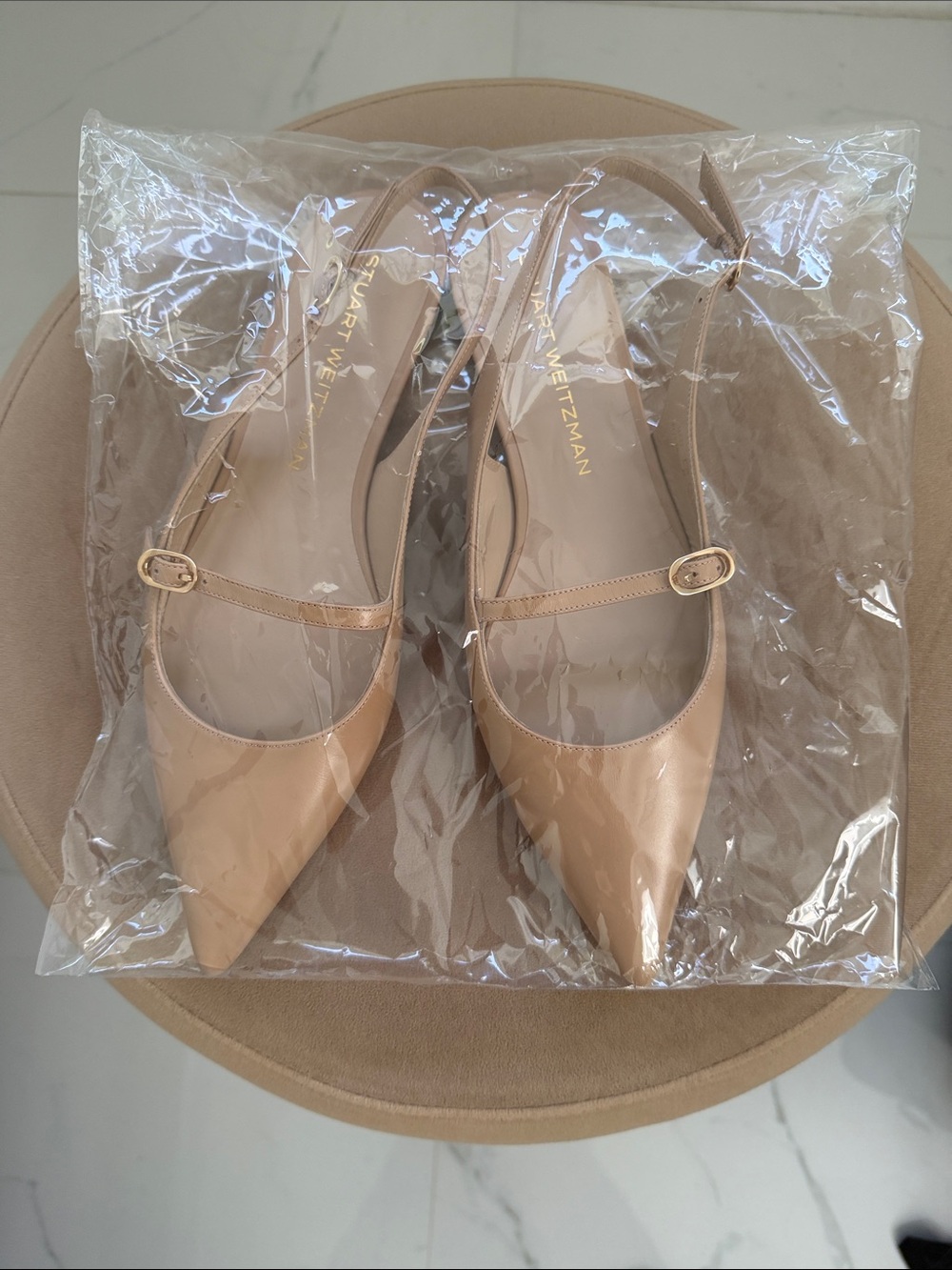 New!! Stuart Weitzman Blush Nude Leather Pointed Slingback Flats - Picture 9 of 9
